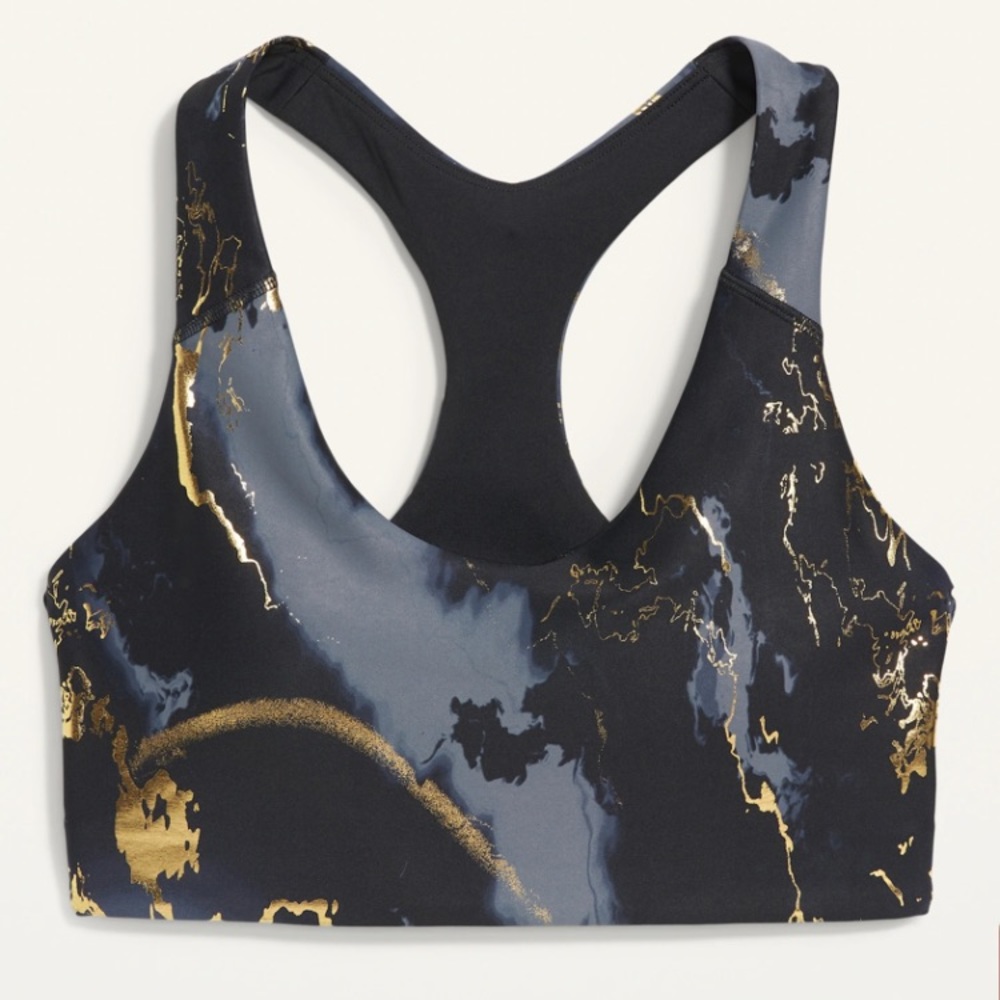 PowerSoft Racerback Sports Bra, soft removable pads, NWT-amazing print w gold!